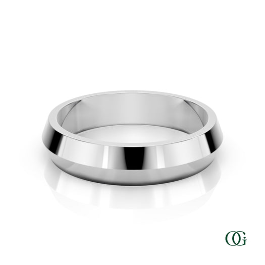 W | A polished white gold band ring with a wide, slightly flared outer edge, shown on a clean white background with a soft reflection.