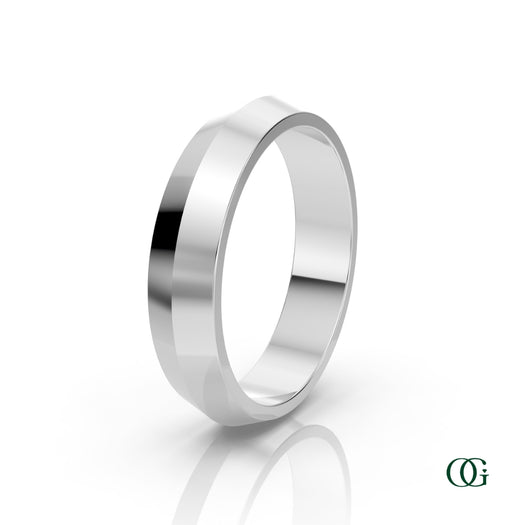 W | A polished white gold band ring with a wide, slightly flared outer edge, shown on a clean white background with a soft reflection.