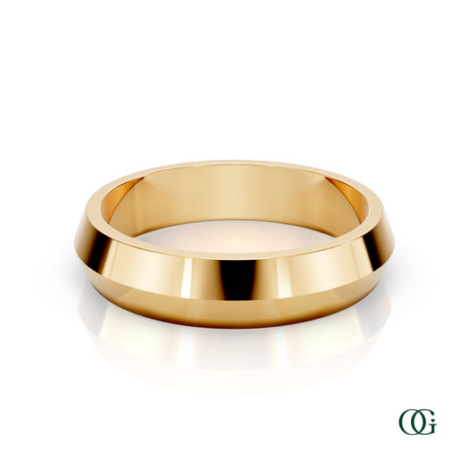 Y | A polished yellow gold band ring with a wide, slightly flared outer edge, shown on a clean white background with a soft reflection.