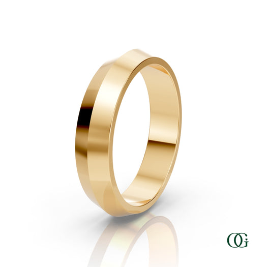 Y | A polished yellow gold band ring with a wide, slightly flared outer edge, shown on a clean white background with a soft reflection.