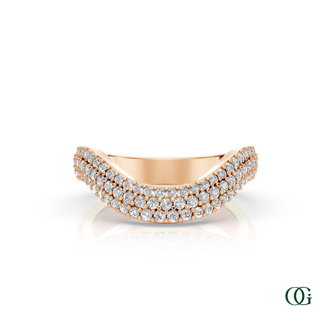 R | A curved rose gold ring featuring three rows of round-cut diamonds