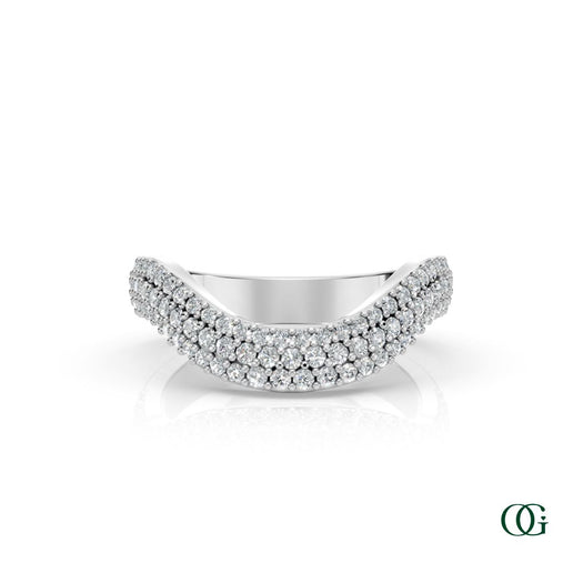 W | A curved white gold ring featuring three rows of round-cut diamonds