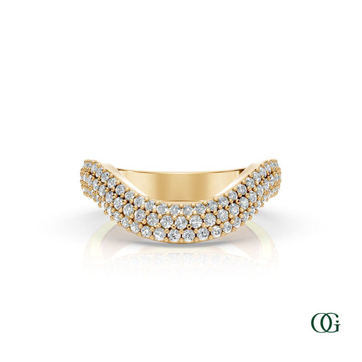 Y | A curved yellow gold ring featuring three rows of round-cut diamonds
