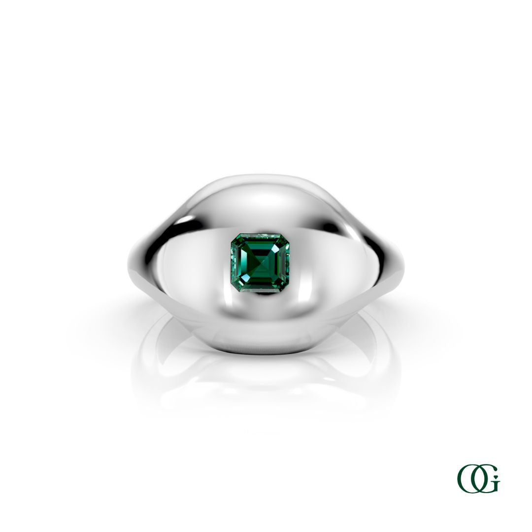 W | 14K White Gold Birthstone Pinky Ring with Green Emerald - May