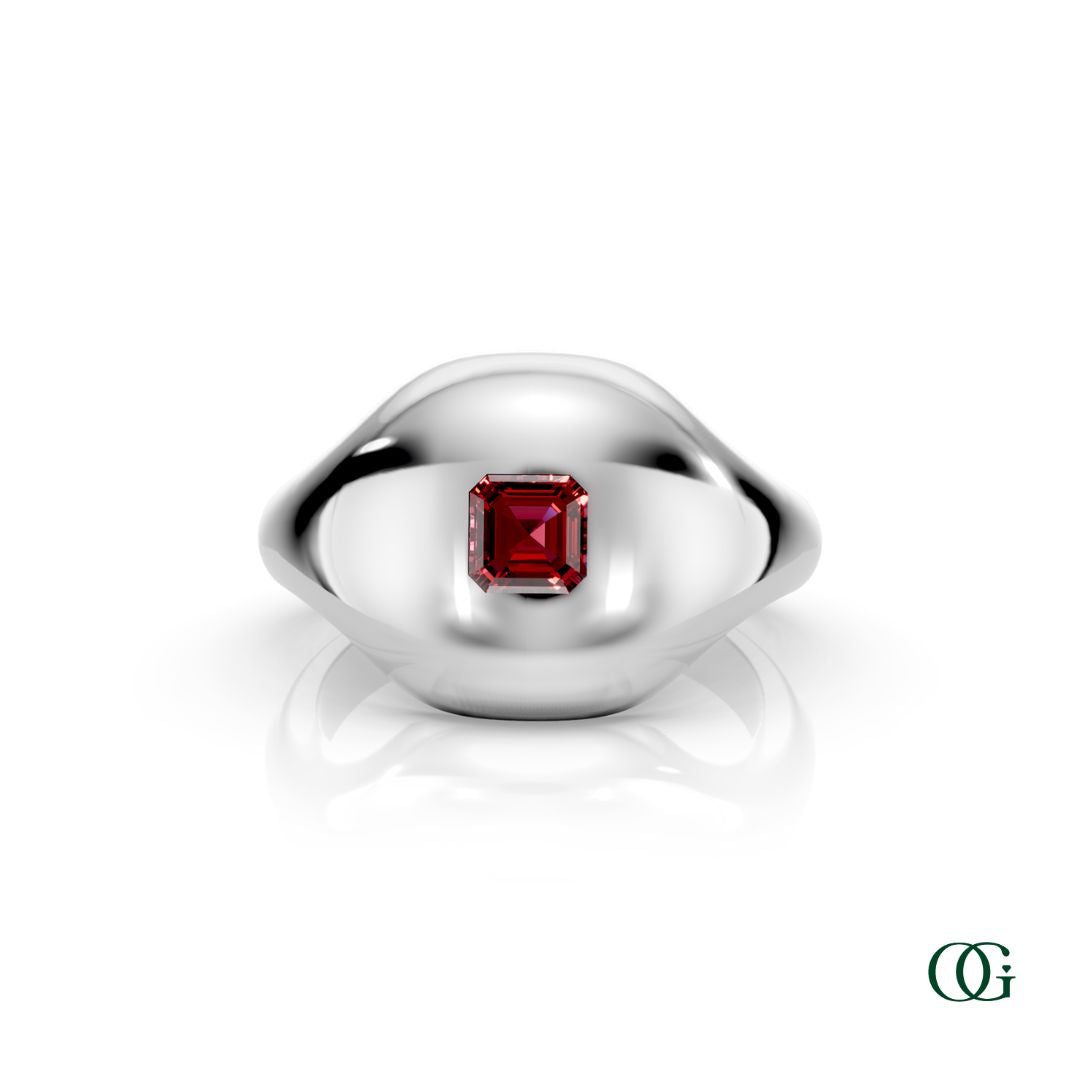 W | 14K White Gold  Birthstone Pinky Ring with Red Ruby - July