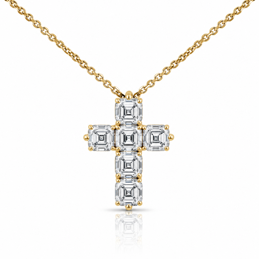 Y | Floating Asscher cut diamond cross pendant in yellow gold