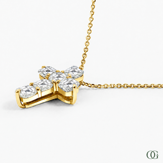 Y | Floating Asscher cut diamond cross pendant in yellow gold