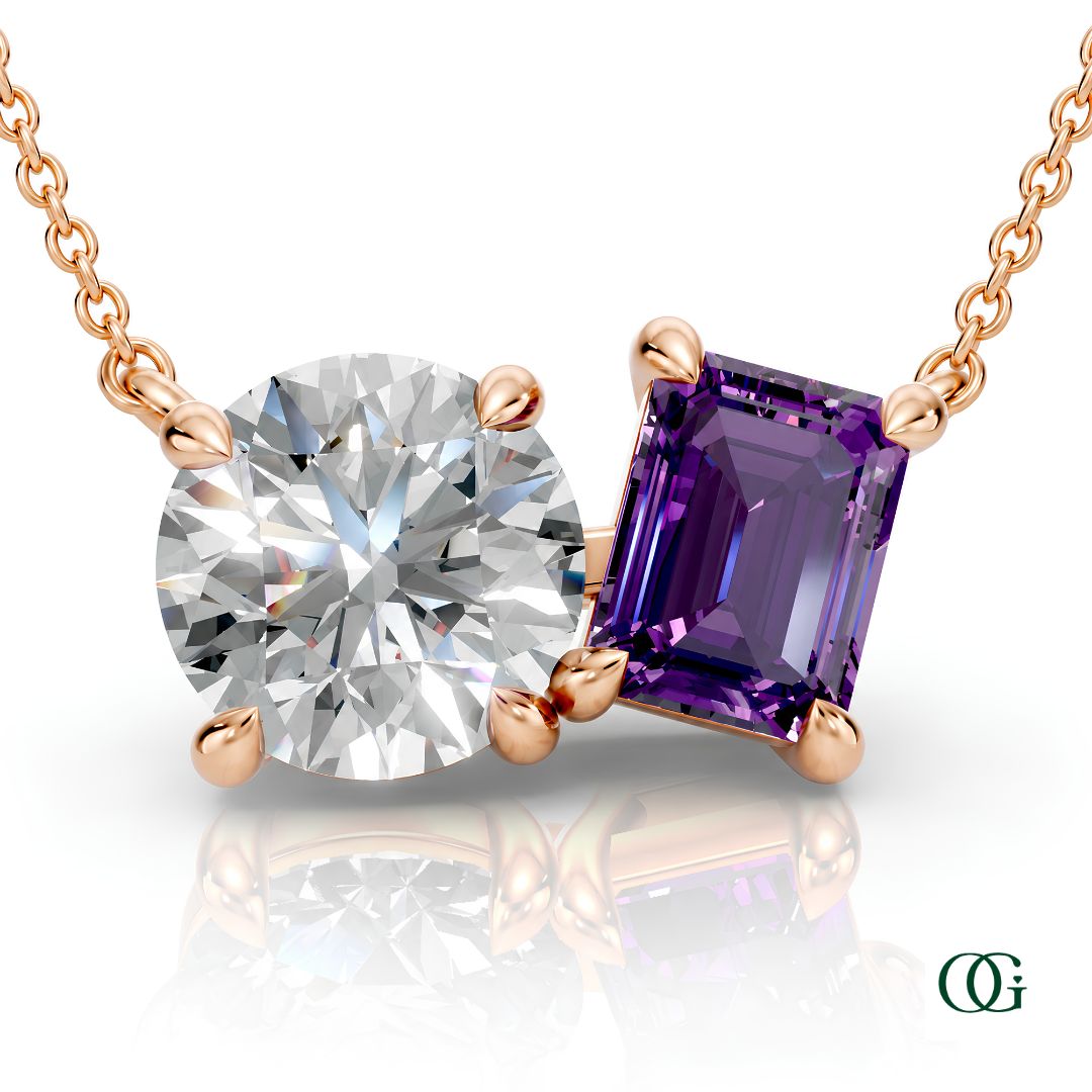 R | rose gold necklace with two stones: a round diamond center stone and an  emerald-cut amethyst side stone.