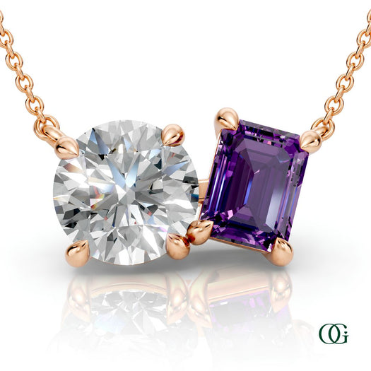 R | rose gold necklace with two stones: a round diamond center stone and an  emerald-cut amethyst side stone.