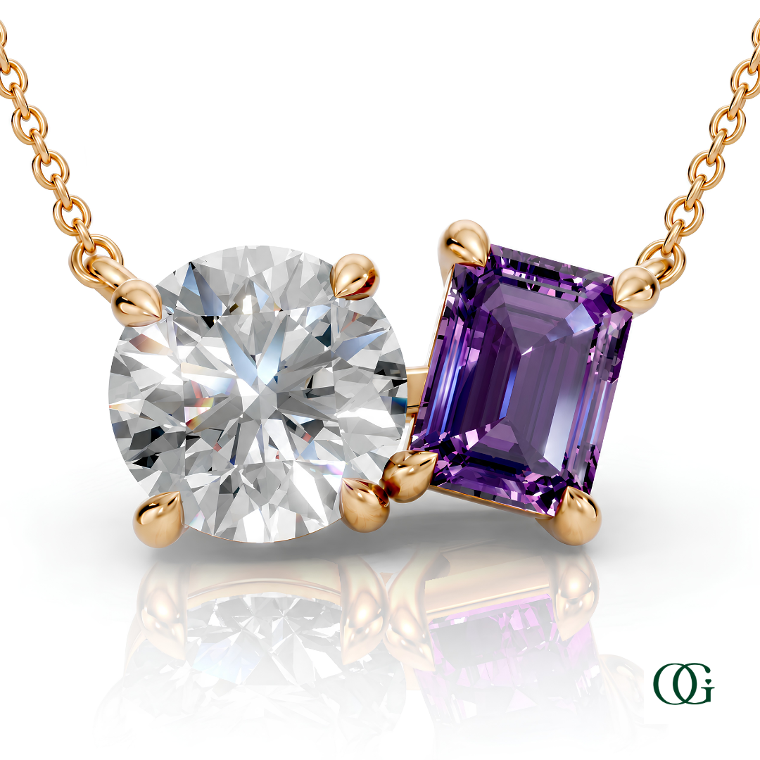 Y | gold necklace with two stones: a round diamond center stone and an  emerald-cut amethyst side stone.