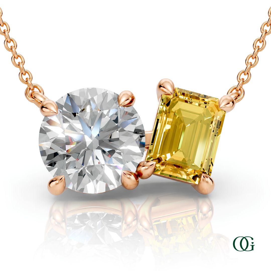 R | rose gold necklace with two stones: a round diamond center stone and an  emerald-cut citrine side stone.